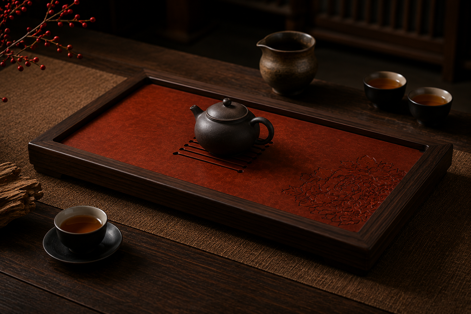 Handcrafted tea ritual tools including tea scoop, tea cloth and tea mat on a gongfu tea table