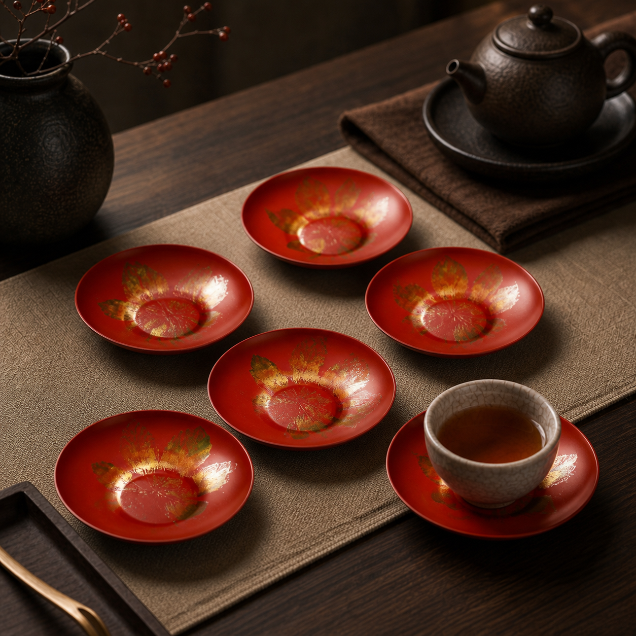 Cicada Wing Iron Finish Lacquer Tea Cup Coaster Set