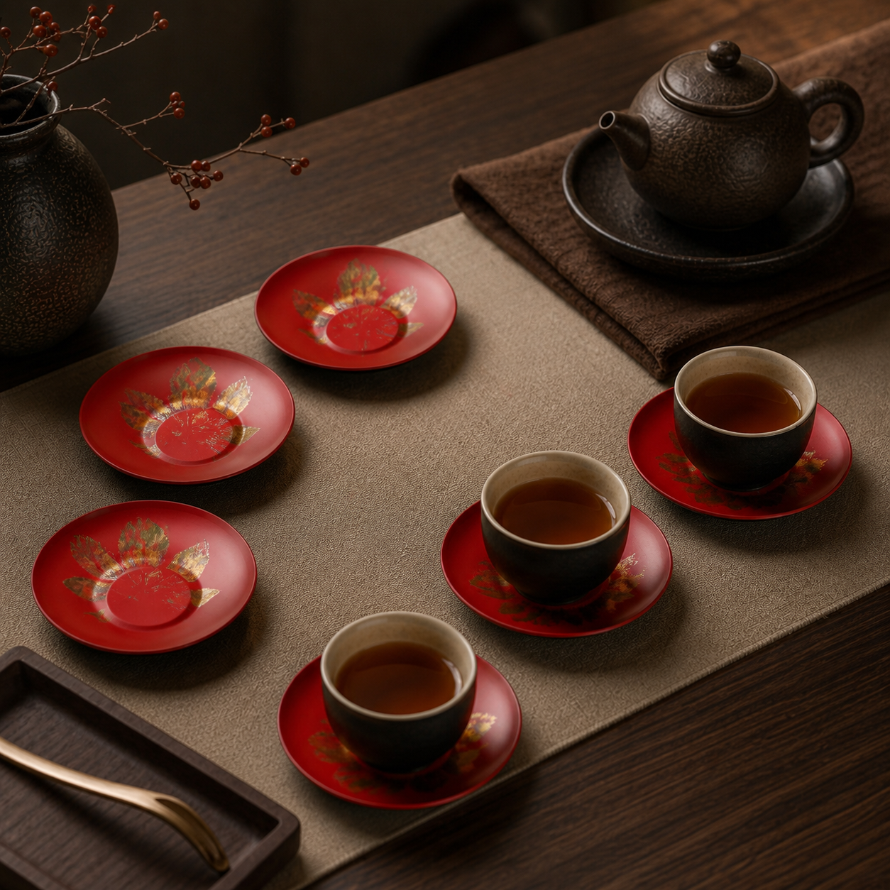 Cicada Wing Iron Finish Lacquer Tea Cup Coaster Set