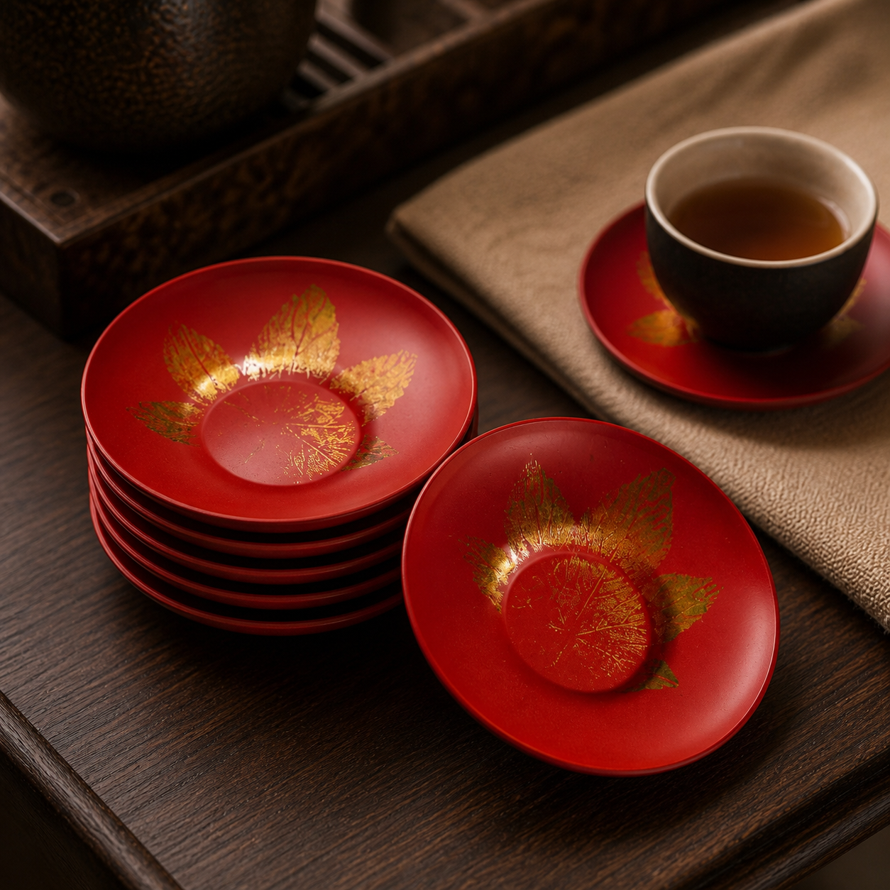 Cicada Wing Iron Finish Lacquer Tea Cup Coaster Set
