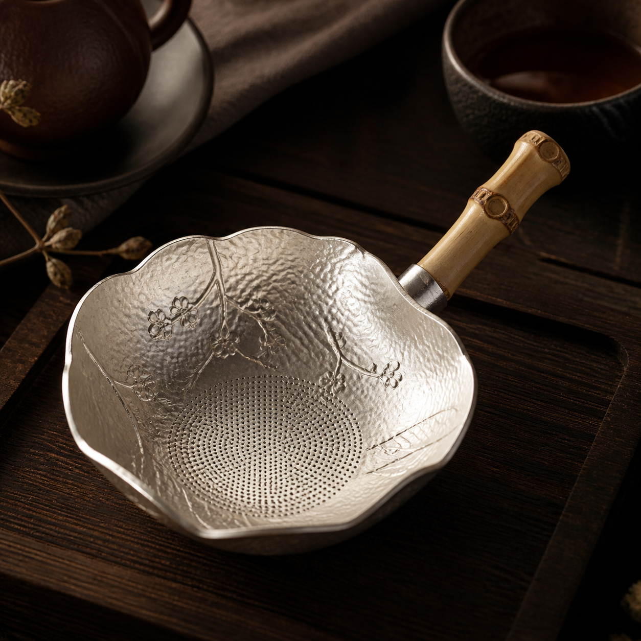Silver Accent Plum Blossom Bamboo Chinese Tea Strainer