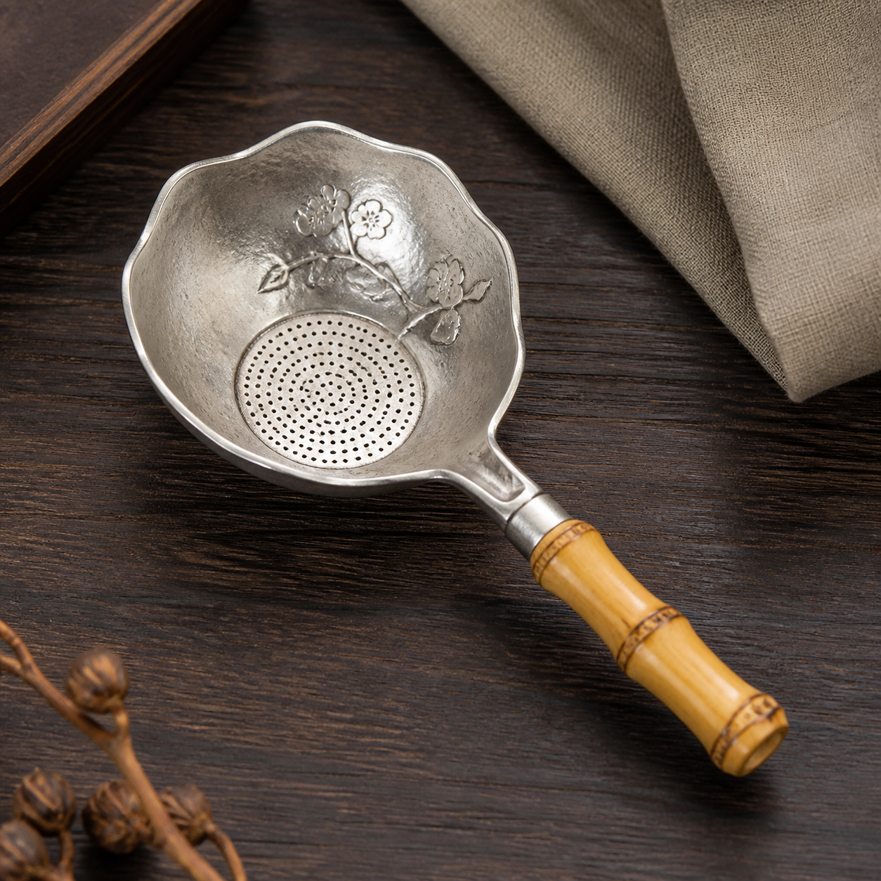 Silver Accent Plum Blossom Bamboo Chinese Tea Strainer
