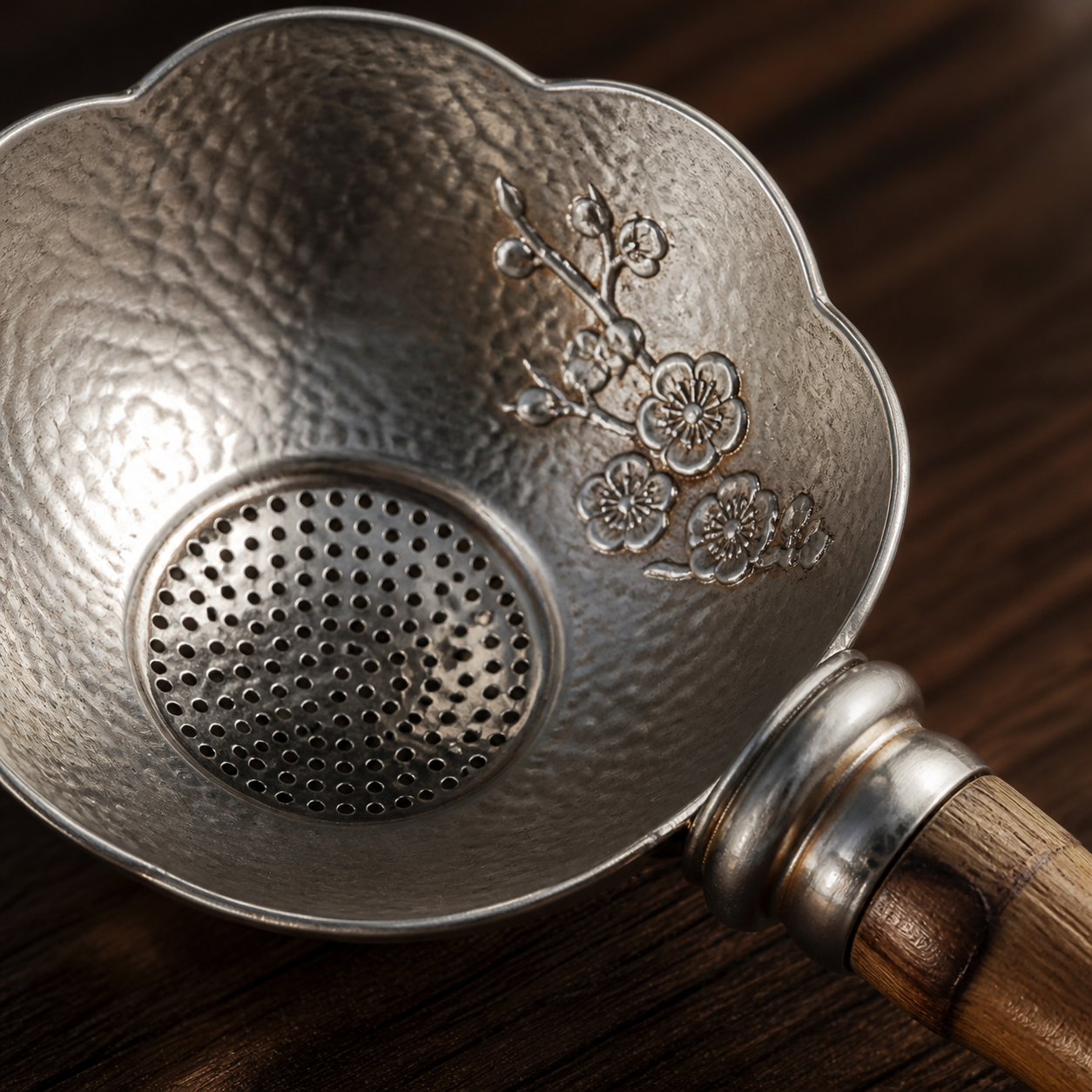 Silver Accent Plum Blossom Bamboo Chinese Tea Strainer