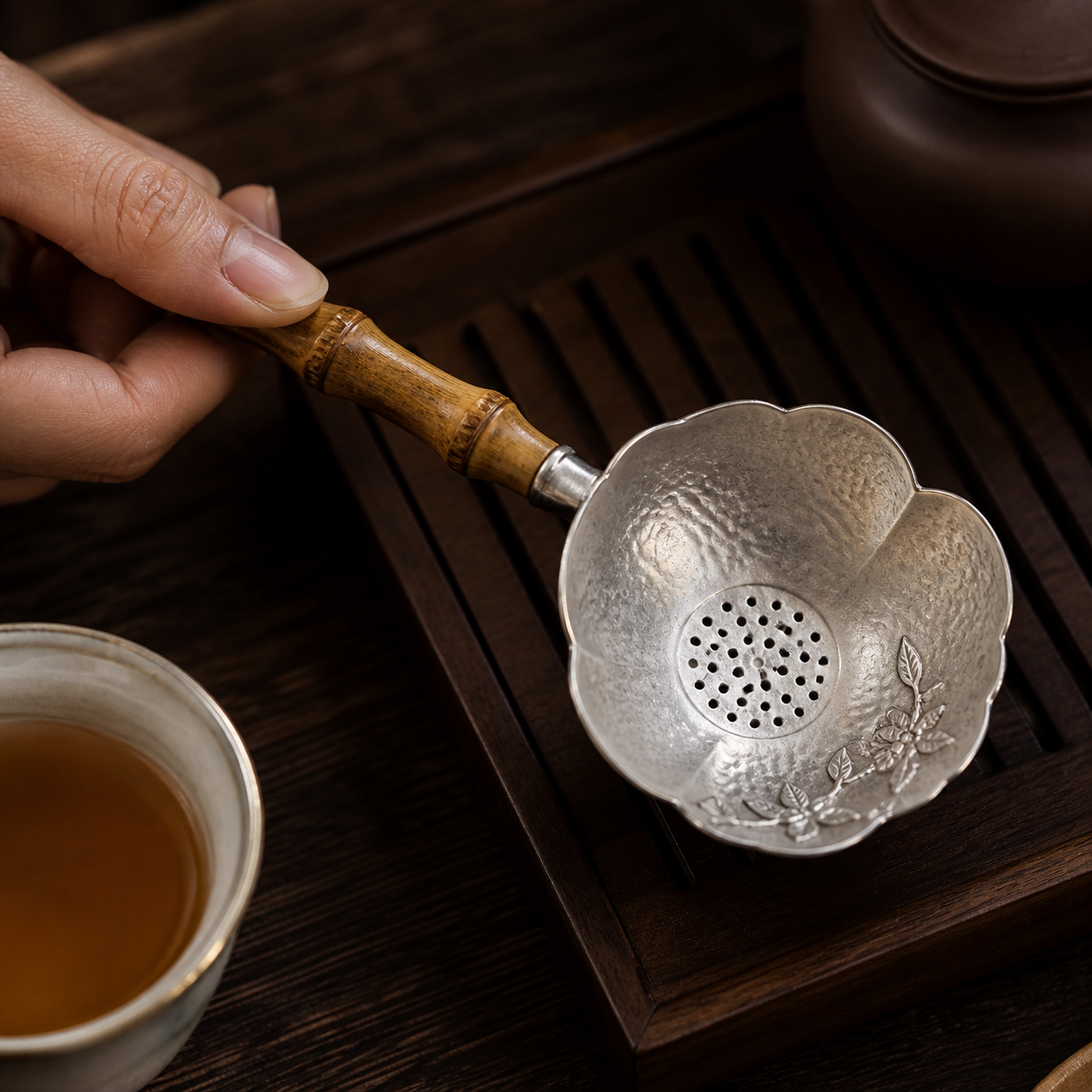 Silver Accent Plum Blossom Bamboo Chinese Tea Strainer