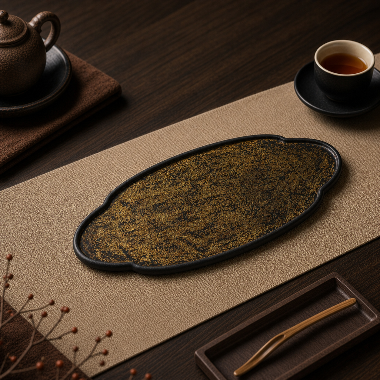 Black Gold Accent Lacquer Gongfu Dry Tea Tray