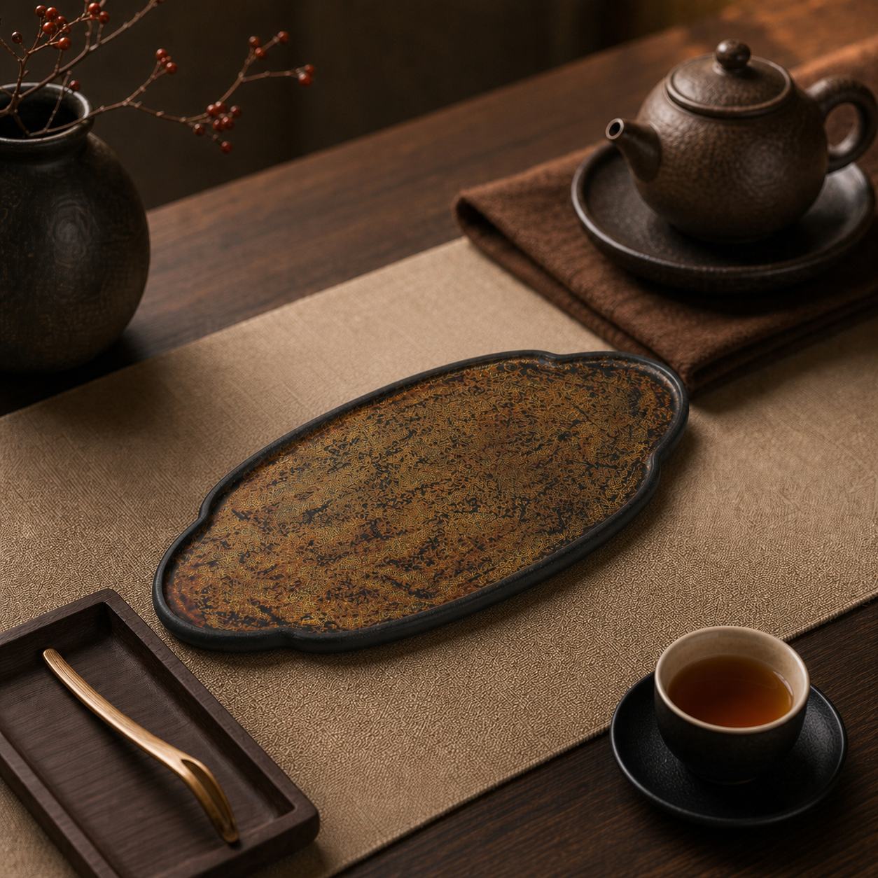 Black Gold Accent Lacquer Gongfu Dry Tea Tray