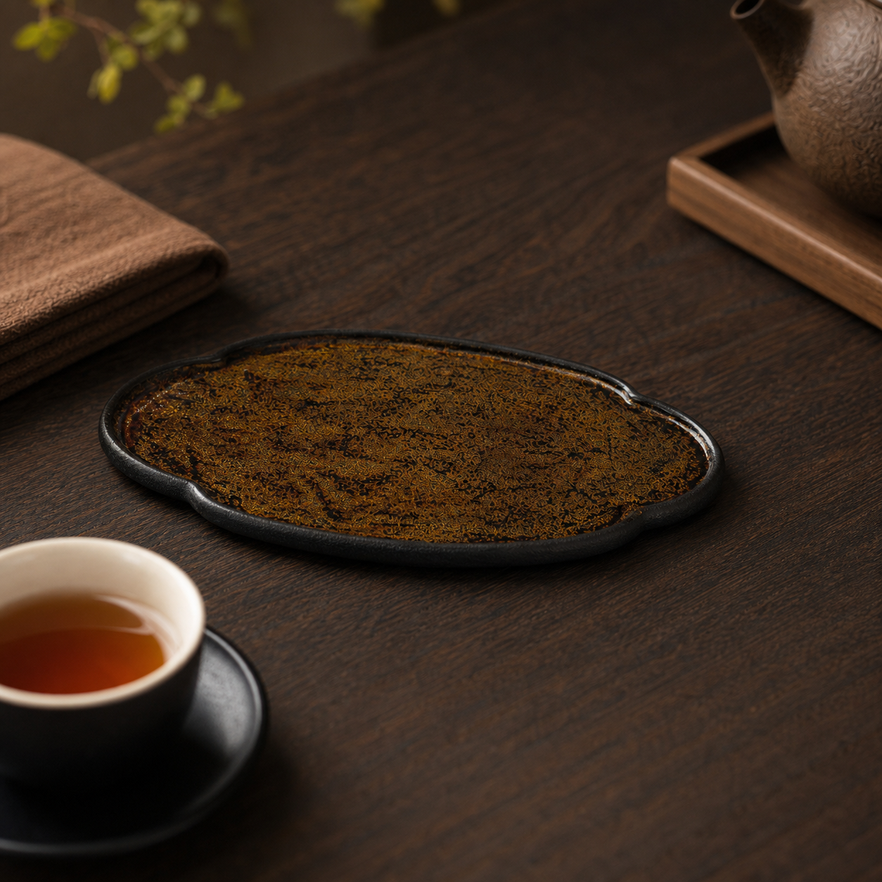 Black Gold Accent Lacquer Gongfu Dry Tea Tray