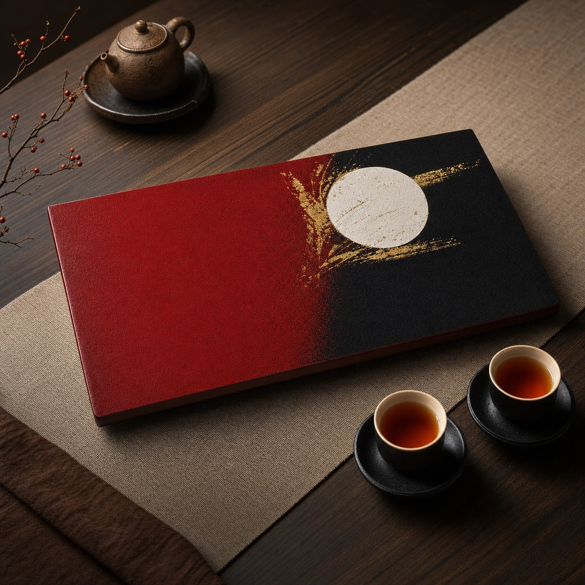 Lacquered Gongfu Tea Tray with Mountain Pattern