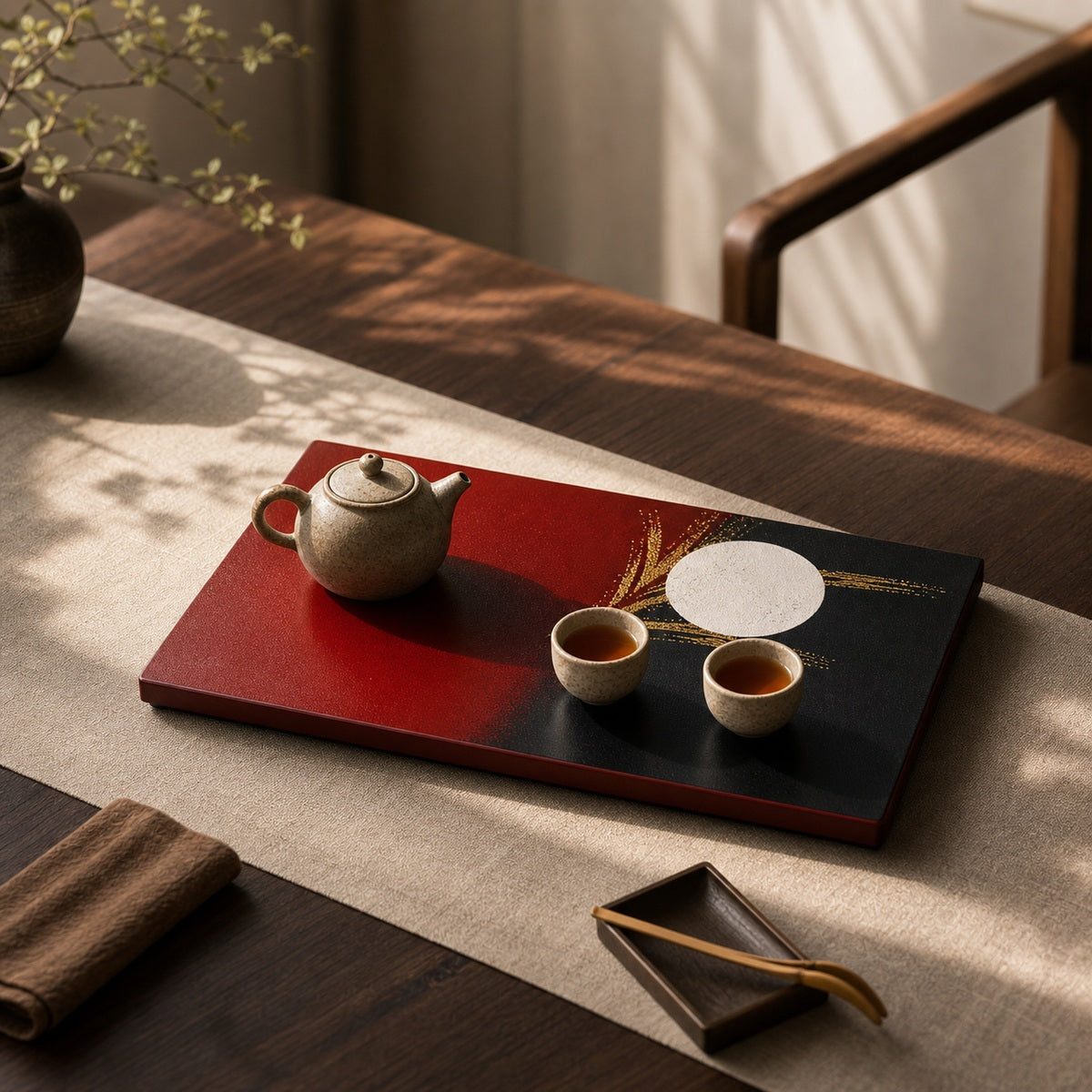Lacquered Gongfu Tea Tray with Mountain Pattern