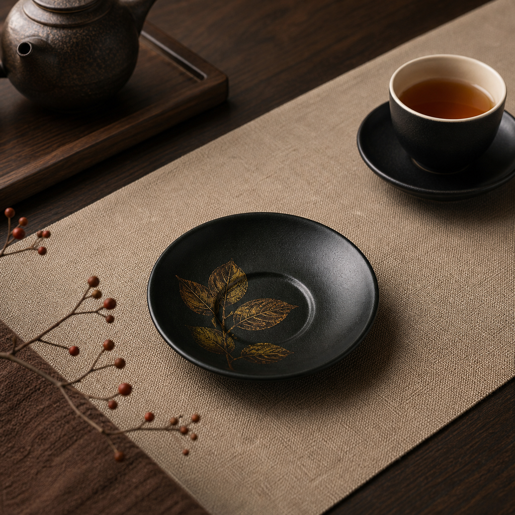 秋の収穫模様の漆塗り茶托