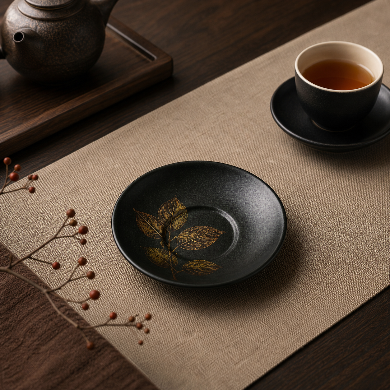 Lacquer Tea Cup Coaster with Autumn Harvest Pattern