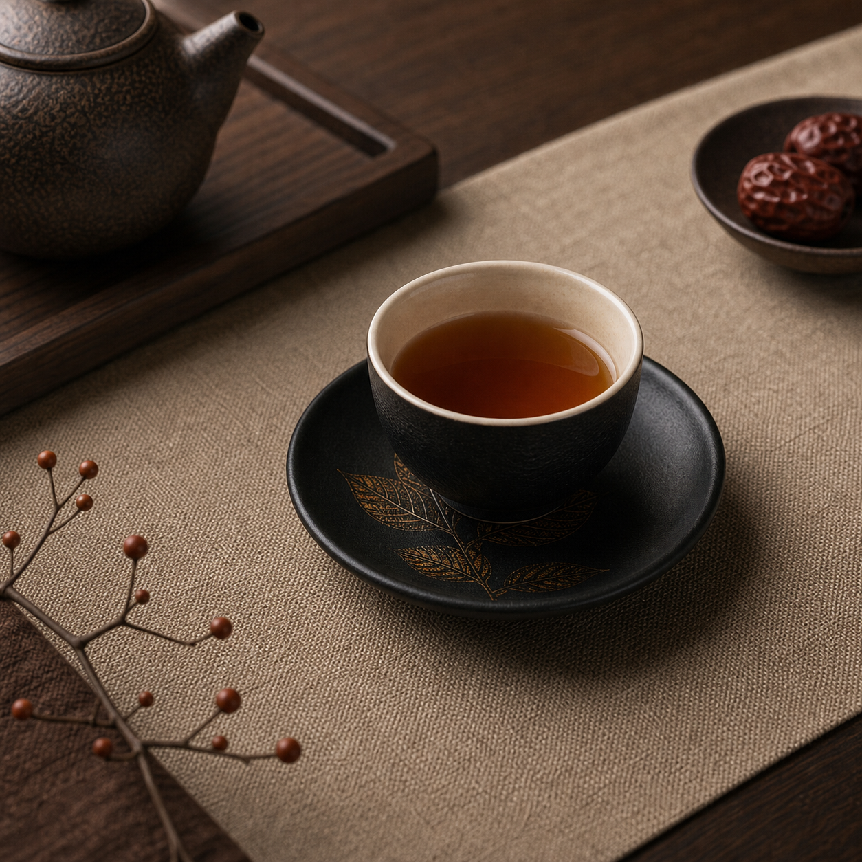 Lacquer Tea Cup Coaster with Autumn Harvest Pattern