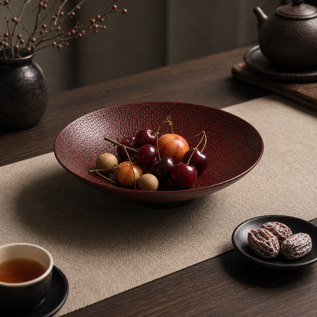 Red Lacquer Round Fruit Tray with Crocodile Pattern