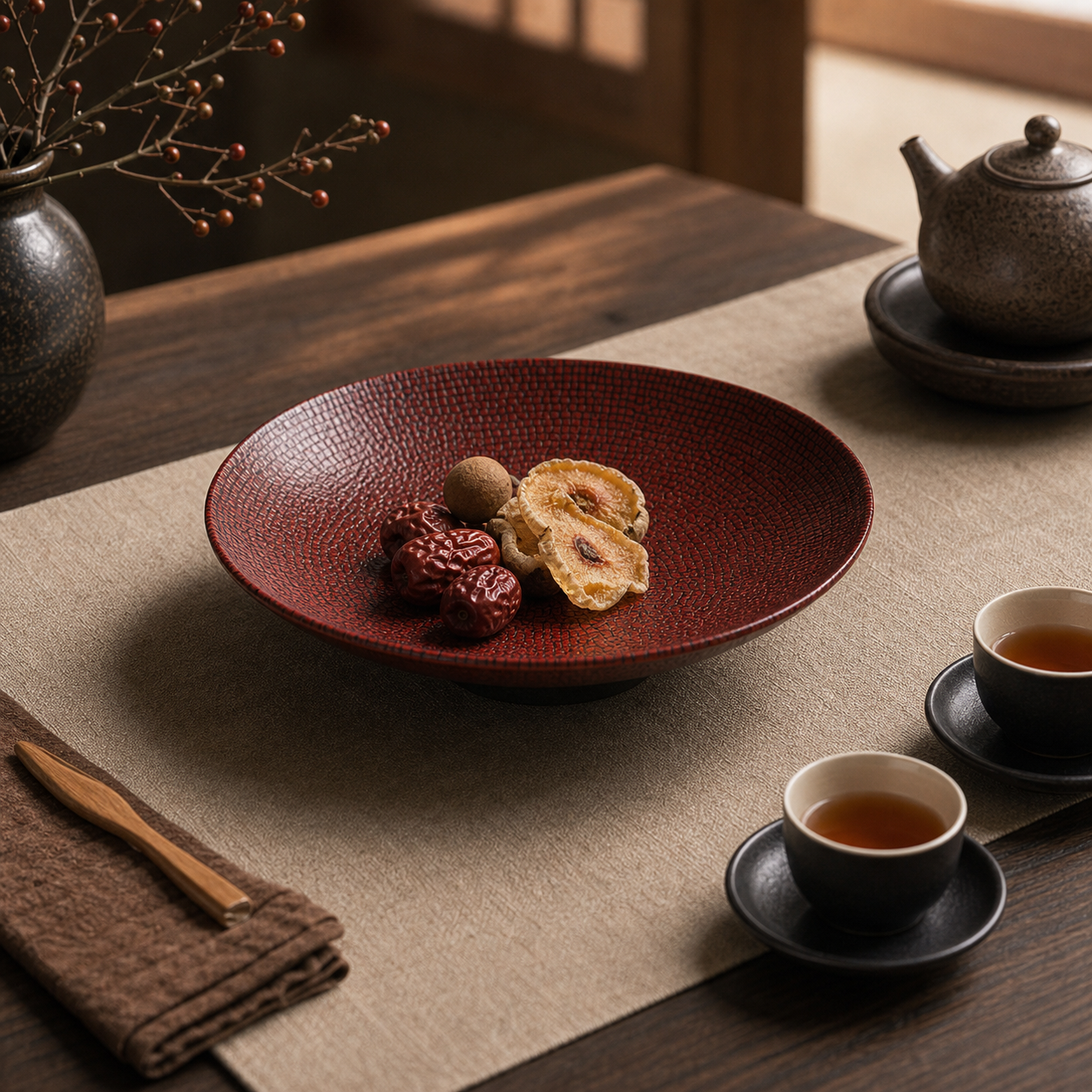 Red Lacquer Round Fruit Tray with Crocodile Pattern